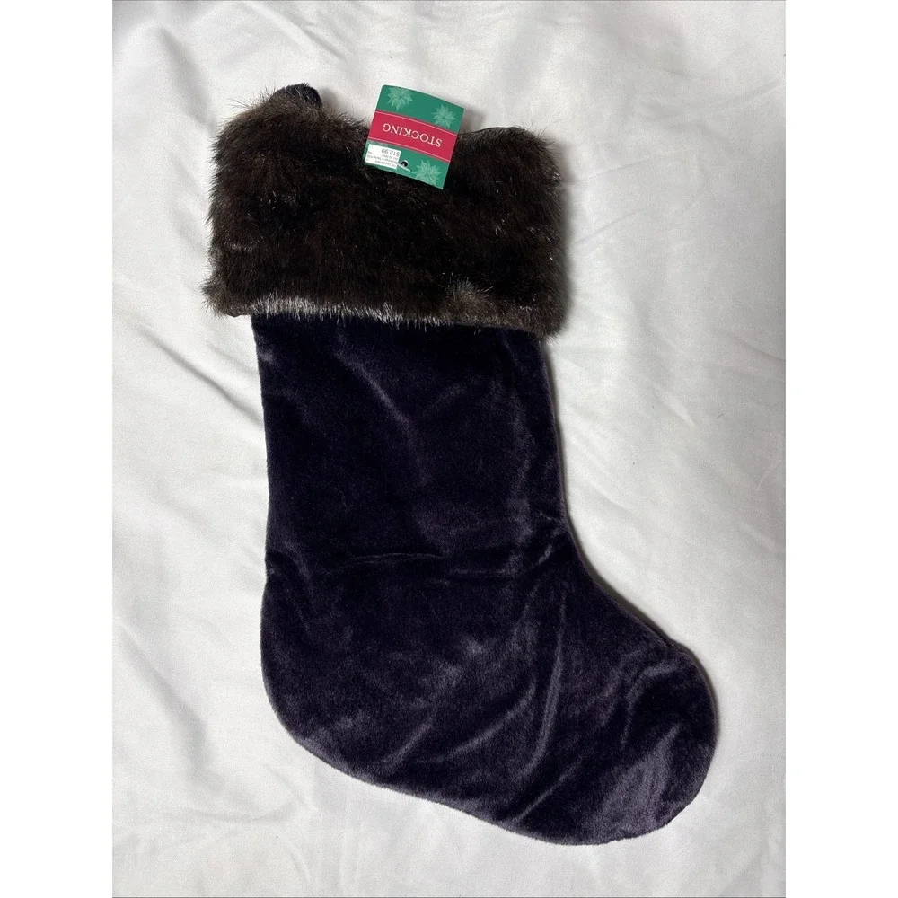 NEW DARK EGGPLANT PURPLE CHRISTMAS STOCKING BROWN FAUX FUR CUFF 18